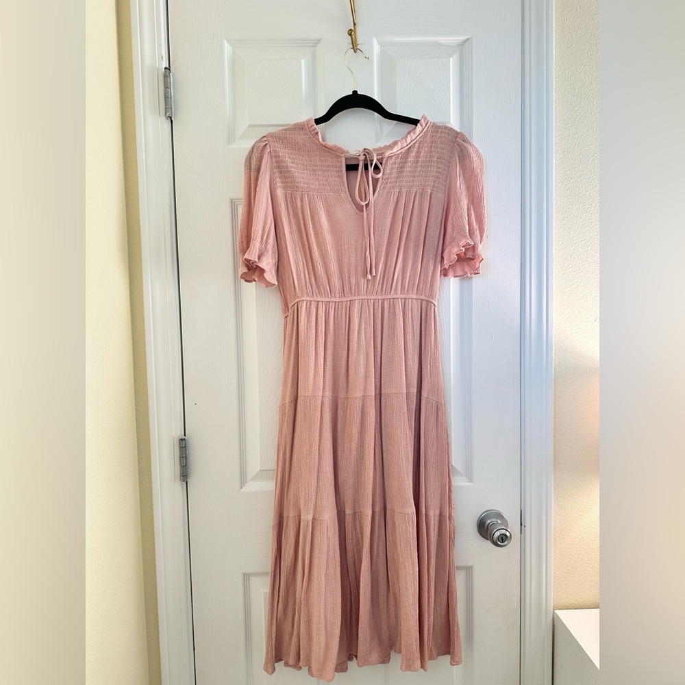 Sweet Wanderer Pink Midi Dress with Ruffle Details